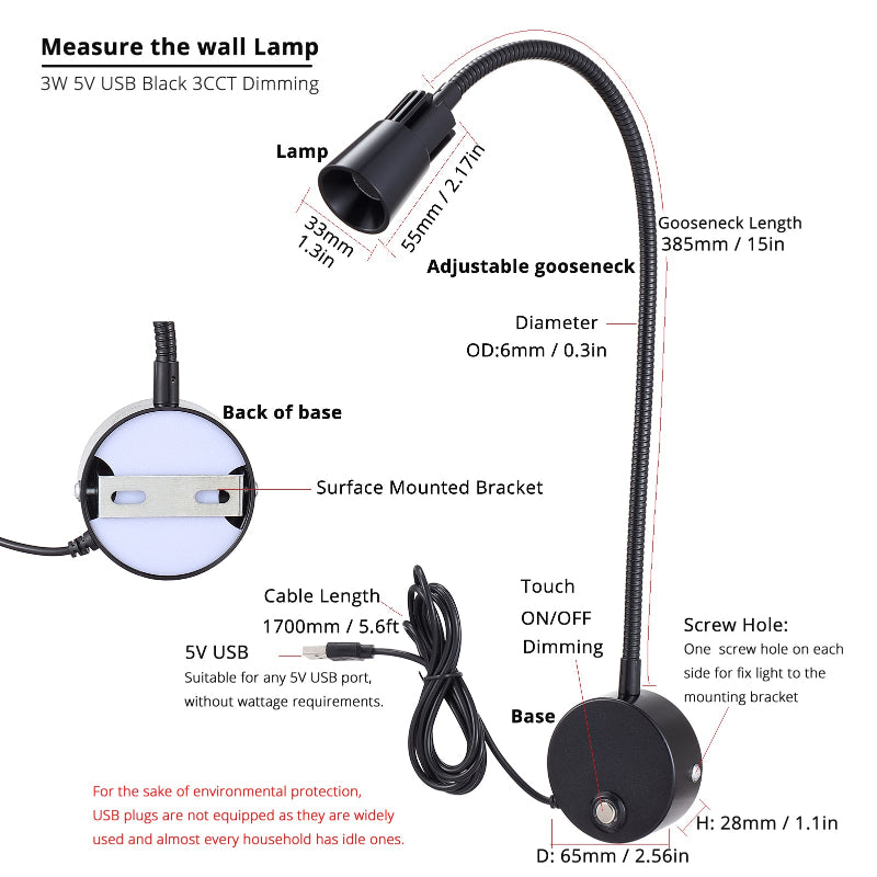 2Pack 5V USB Dimmable Wall Lamp Bedside Reading 3CCT 3000K/4000K/6000K CRI98 RG0 Black