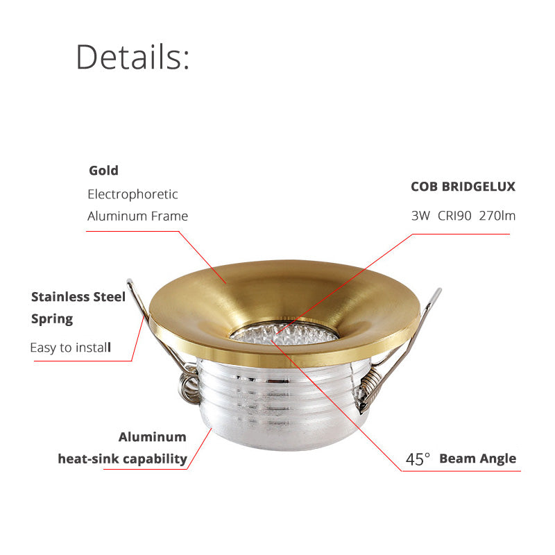 Gold Mini COB LED Spotlights 3W Cutout 35-40mm