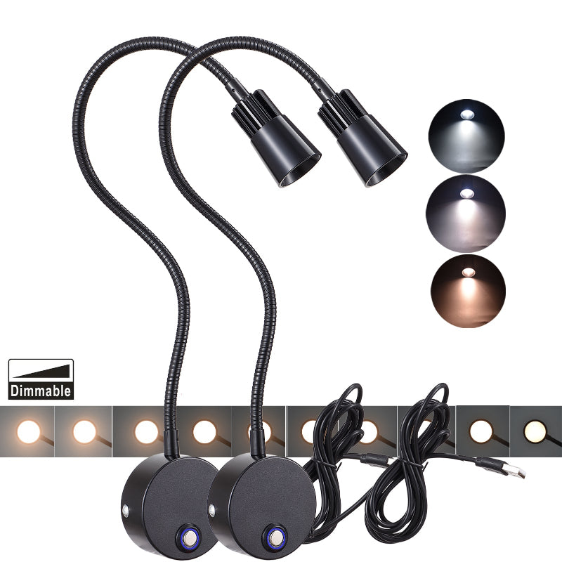2Pack 5V USB Dimmable Wall Lamp Bedside Reading 3CCT 3000K/4000K/6000K CRI98 RG0 Black