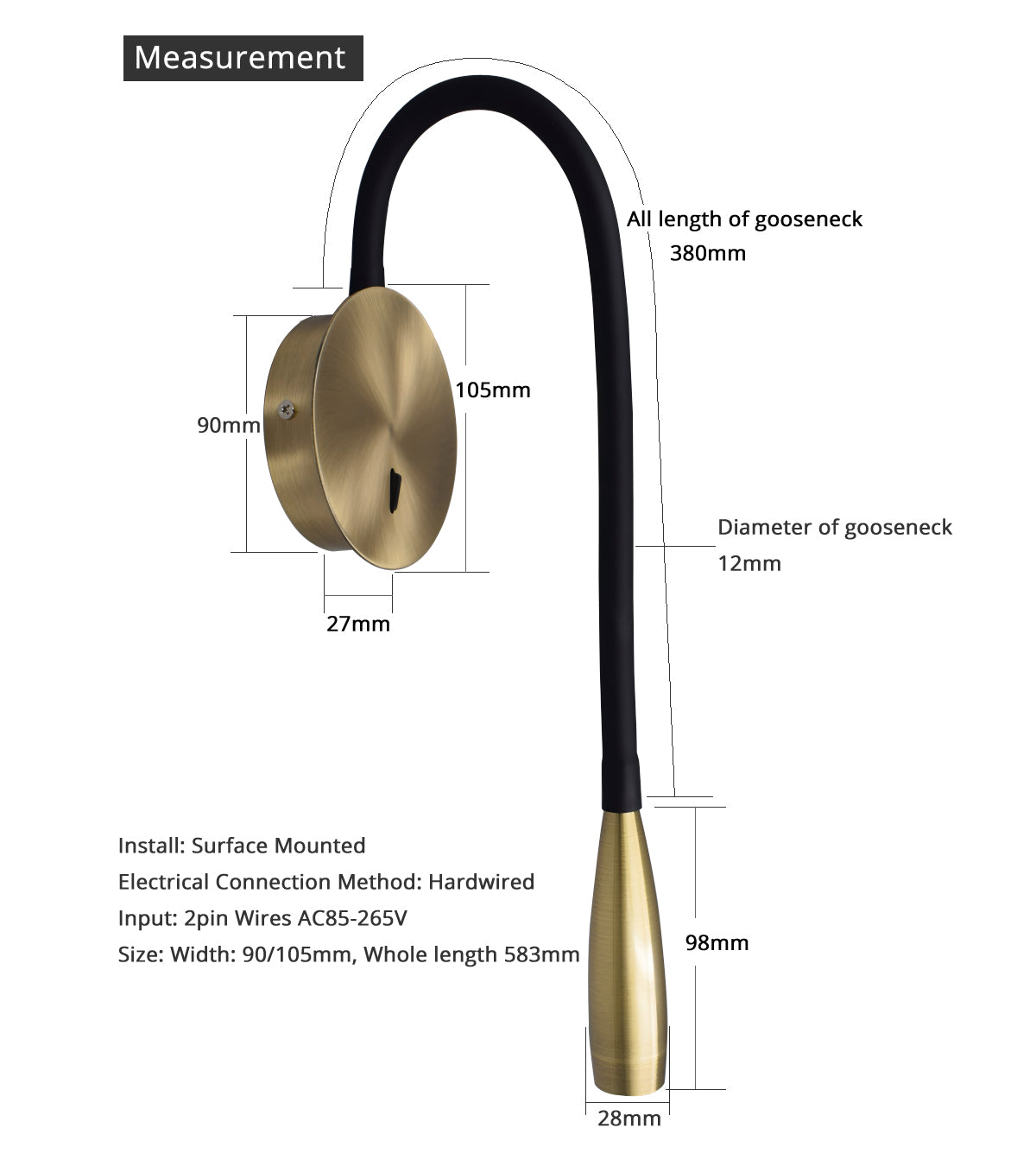 Big Size Nordic Wall Sconce Light 3W Bedside Art Focus Lamp Bronze and Black 35D-35C