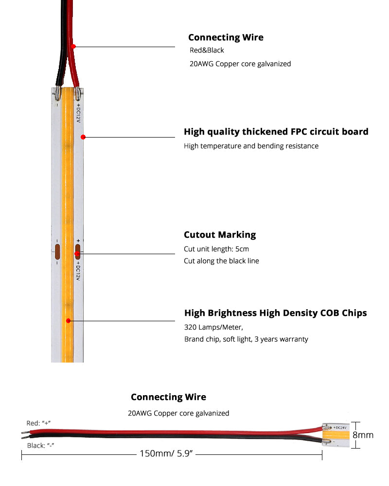 12V 5m/roll 8mm COB LED Strip Light 320leds/M 9W/M