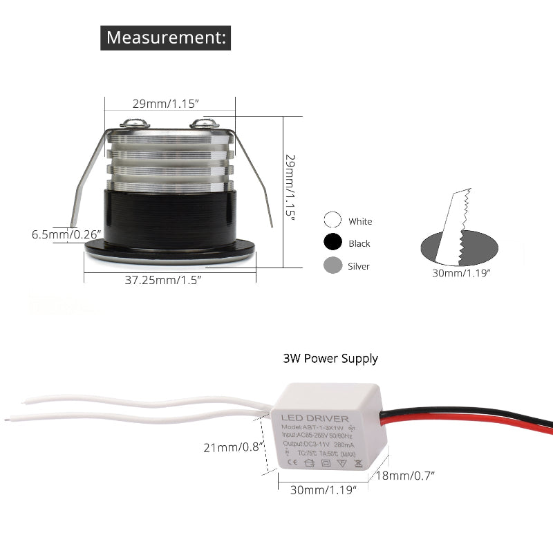 Small Black Spot it Downlights COB 3W led spots dimmable Cutout 30