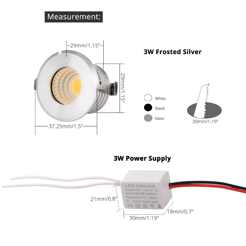Small Silver Spot it Downlights COB 3W led spots dimmable Cutout 30