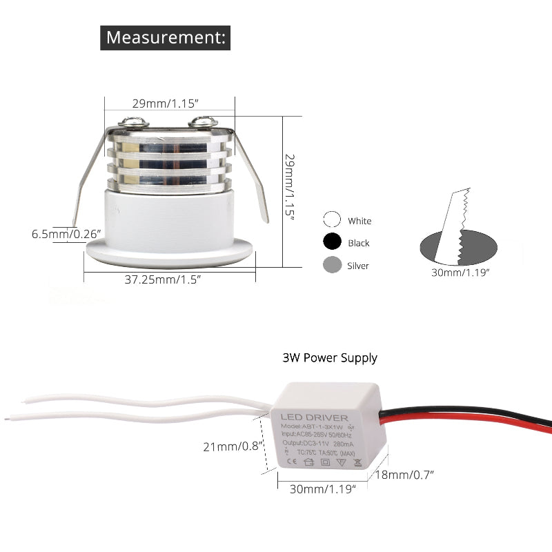 Small White Spot it Downlights COB 3W led spots dimmable Cutout 30