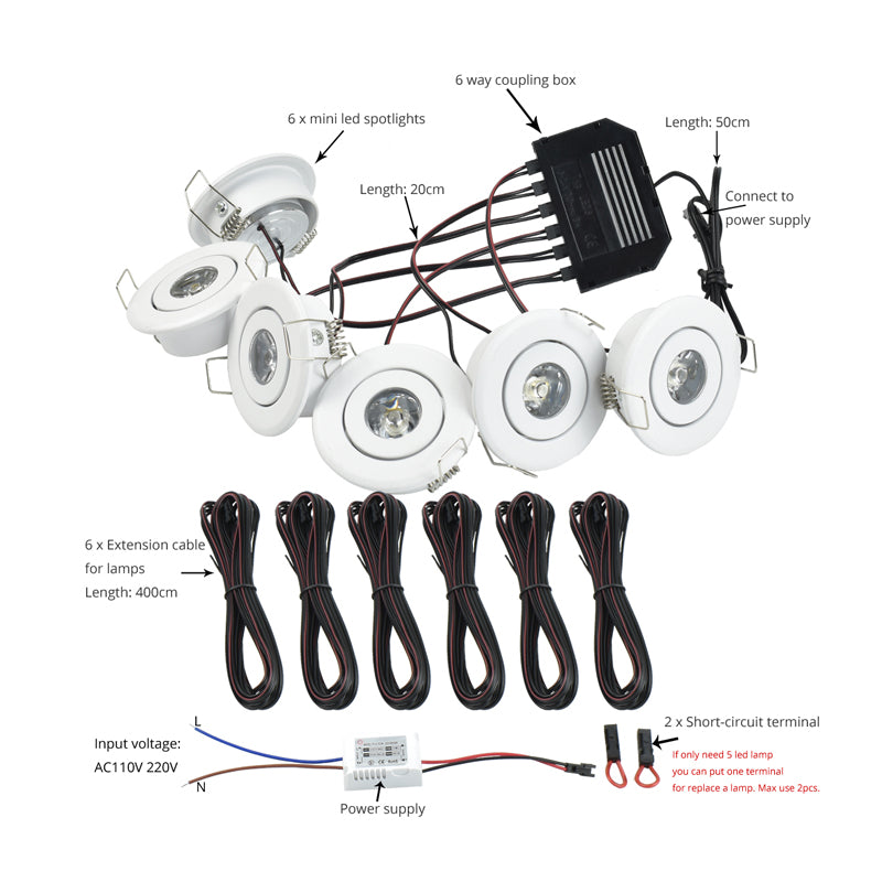 Group of White 6x1W Mini LED Spot Downlights for Cabinet